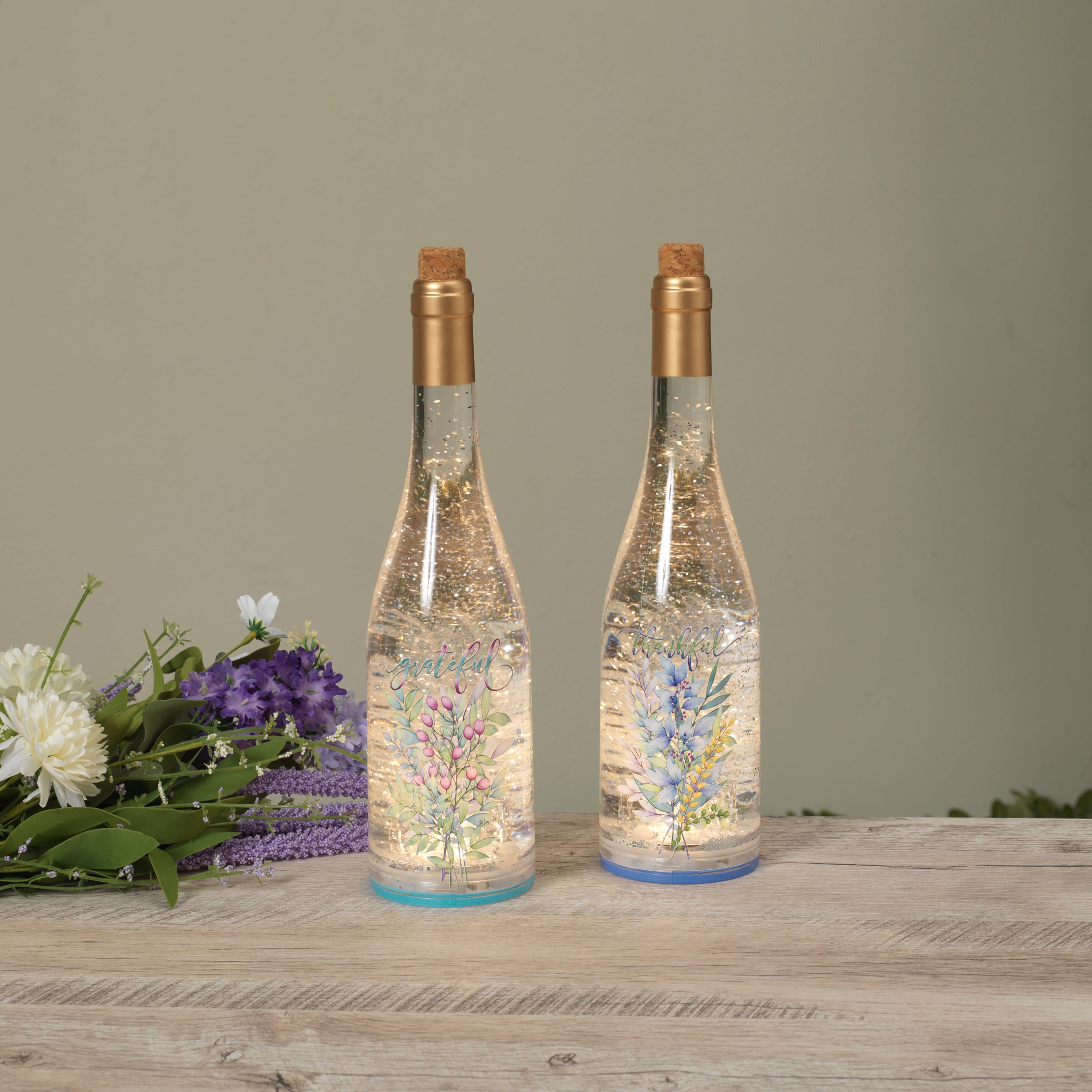 12.5 Inch Lighted Spinning Water Globe Bottles with Gathered Greens Design and Timer Set of 2